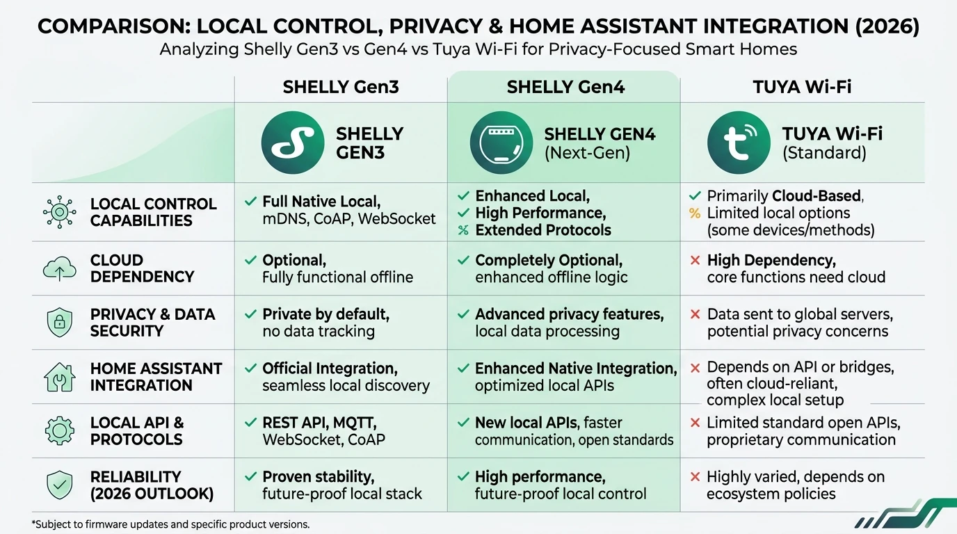Comparison of Shelly Gen3, Gen4, and Tuya Wi-Fi for Home Assistant privacy and local control in 2026.