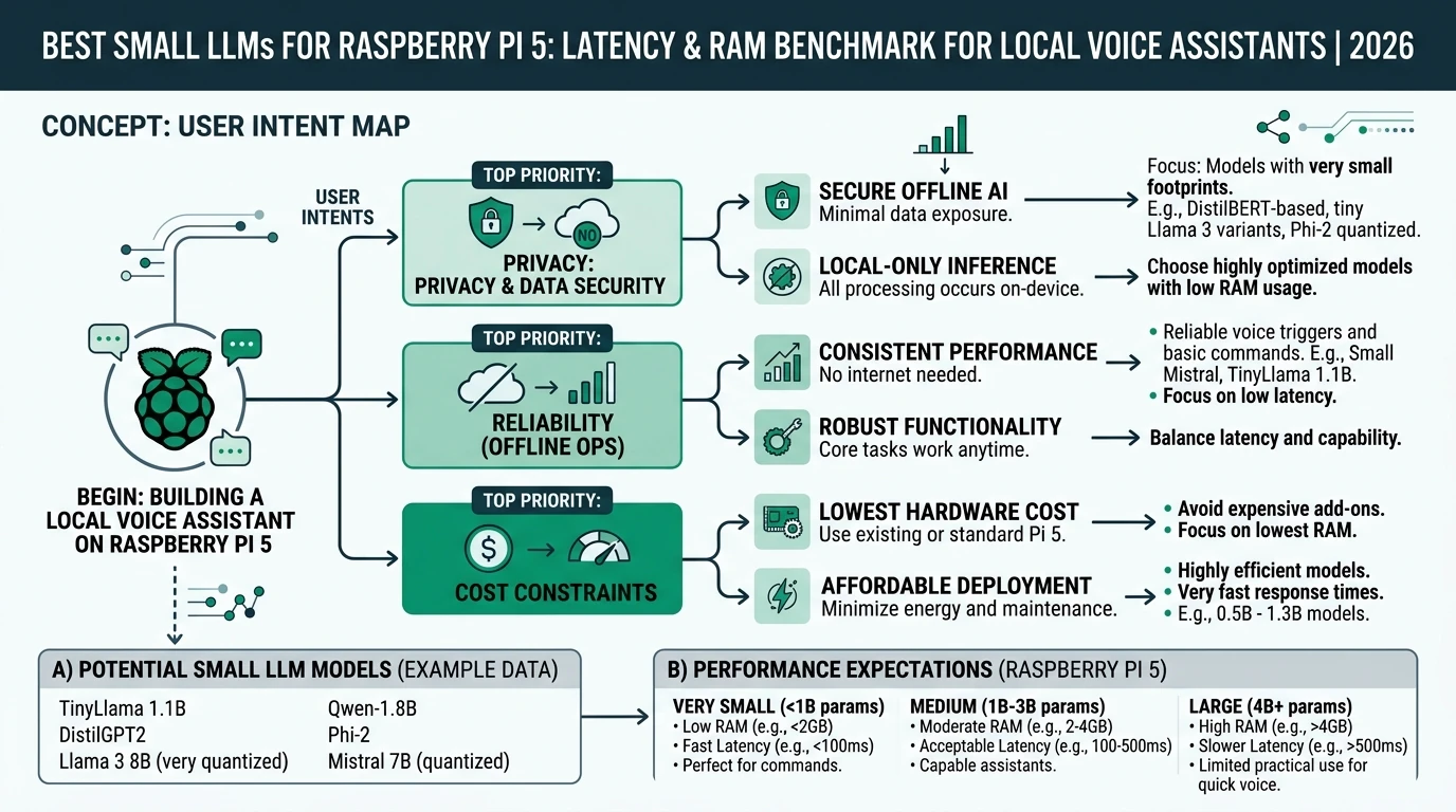 A detailed infographic showing latency and RAM benchmarks for small LLMs on Raspberry Pi 5, highlighting the best models for local voice assistants.