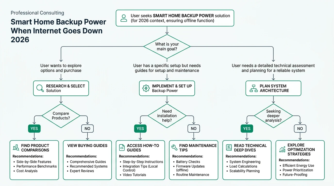 An infographic illustrating various smart home backup power solutions for internet outages, detailing battery types, local control options, and privacy features.
