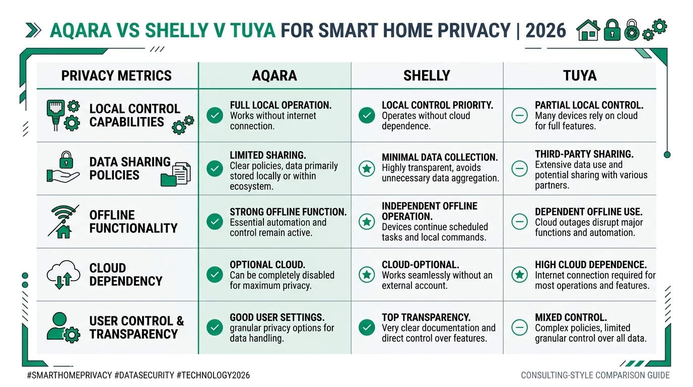 Smart home cloud survivability matrix infographic showing WAN-block firewall on an IoT VLAN, protocol paths for Shelly REST, Aqara Zigbee hub, Tuya cloud dependency, TP-Link Tapo local API, and Meross Matter plug with offline survivability scores per ecosystem.