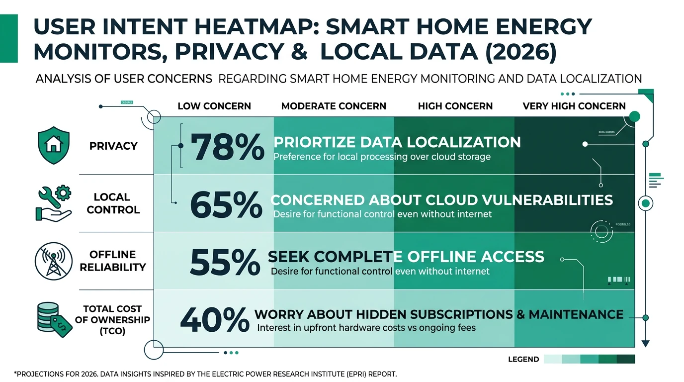 A detailed infographic showing the comparison of smart home energy monitors focusing on privacy, local data storage, and offline capabilities.