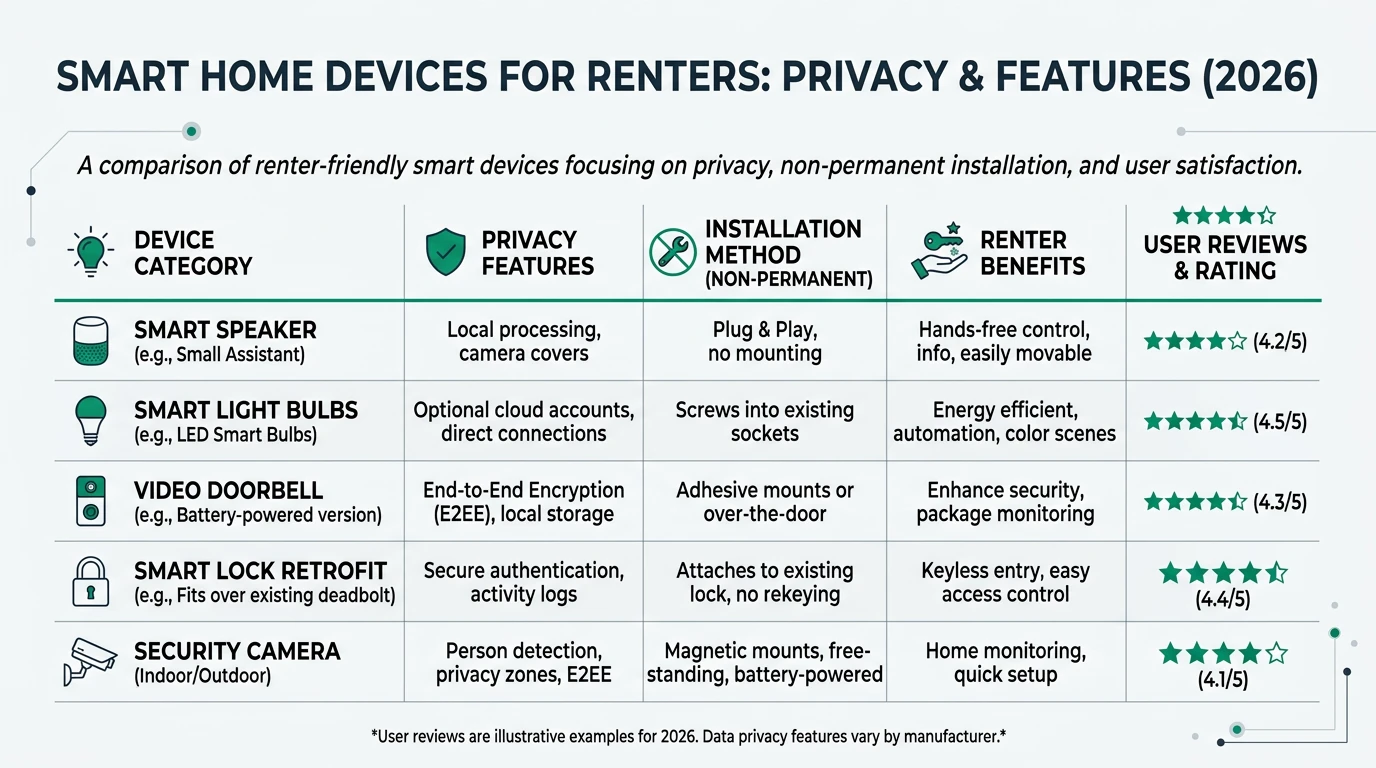 A comprehensive infographic illustrating renter-friendly smart home devices that prioritize privacy, including smart locks, local storage cameras, and non-invasive installation methods.