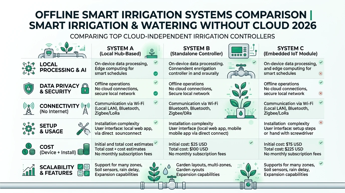 A comparison infographic of offline smart irrigation systems, highlighting features like local weather processing and privacy controls.