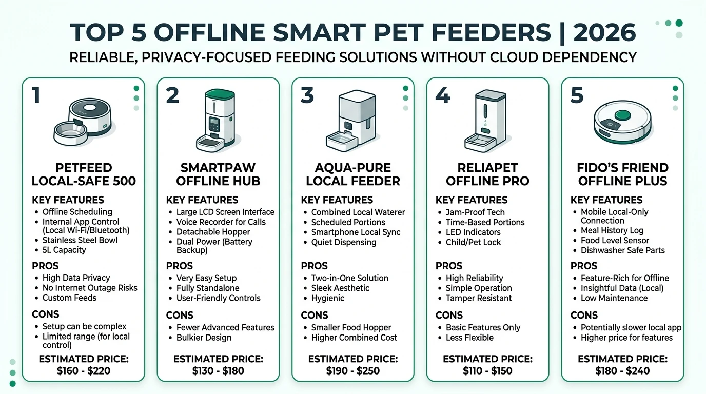 A comparison chart of smart pet feeders highlighting features like offline operation, battery power, and meal scheduling.