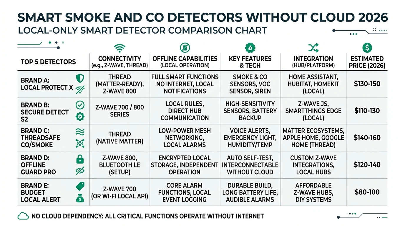 Infographic showing a comparison of smart smoke and CO detectors that operate without cloud dependency, highlighting privacy features and local control.