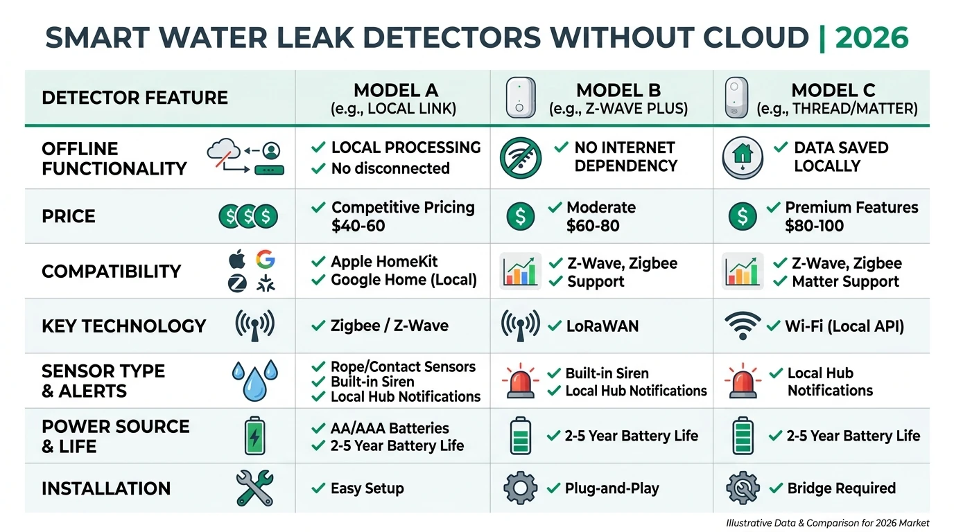 A detailed infographic comparing various smart water leak detectors that operate without cloud dependency, highlighting features, privacy, and local processing capabilities.