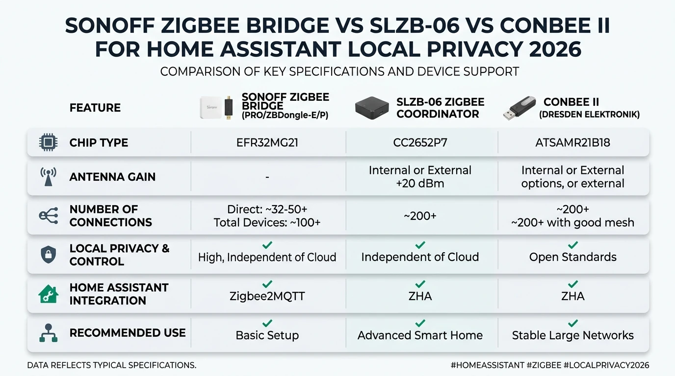 Technical comparison infographic of Sonoff ZBDongle-P CC2652P, Sonoff ZBDongle-E EFR32MG21, and SMLIGHT SLZB-06Mg24 EFR32MG24 Zigbee coordinators for Home Assistant and Zigbee2MQTT, showing USB versus Ethernet PoE placement, antenna gain, and local-first privacy without cloud pairing as of June 2026.