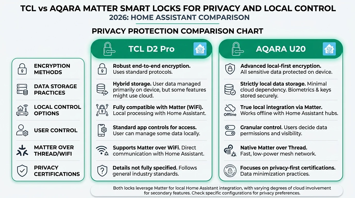 Infographic comparing TCL and Aqara Matter smart locks focusing on privacy, local control, and Home Assistant integration.