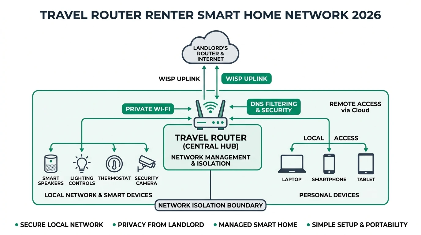 Infographic of a travel router placed upstream of landlord ISP equipment, segmenting renter IoT devices onto an isolated subnet with encrypted DNS and VPN paths for privacy-conscious smart home setups in 2026.