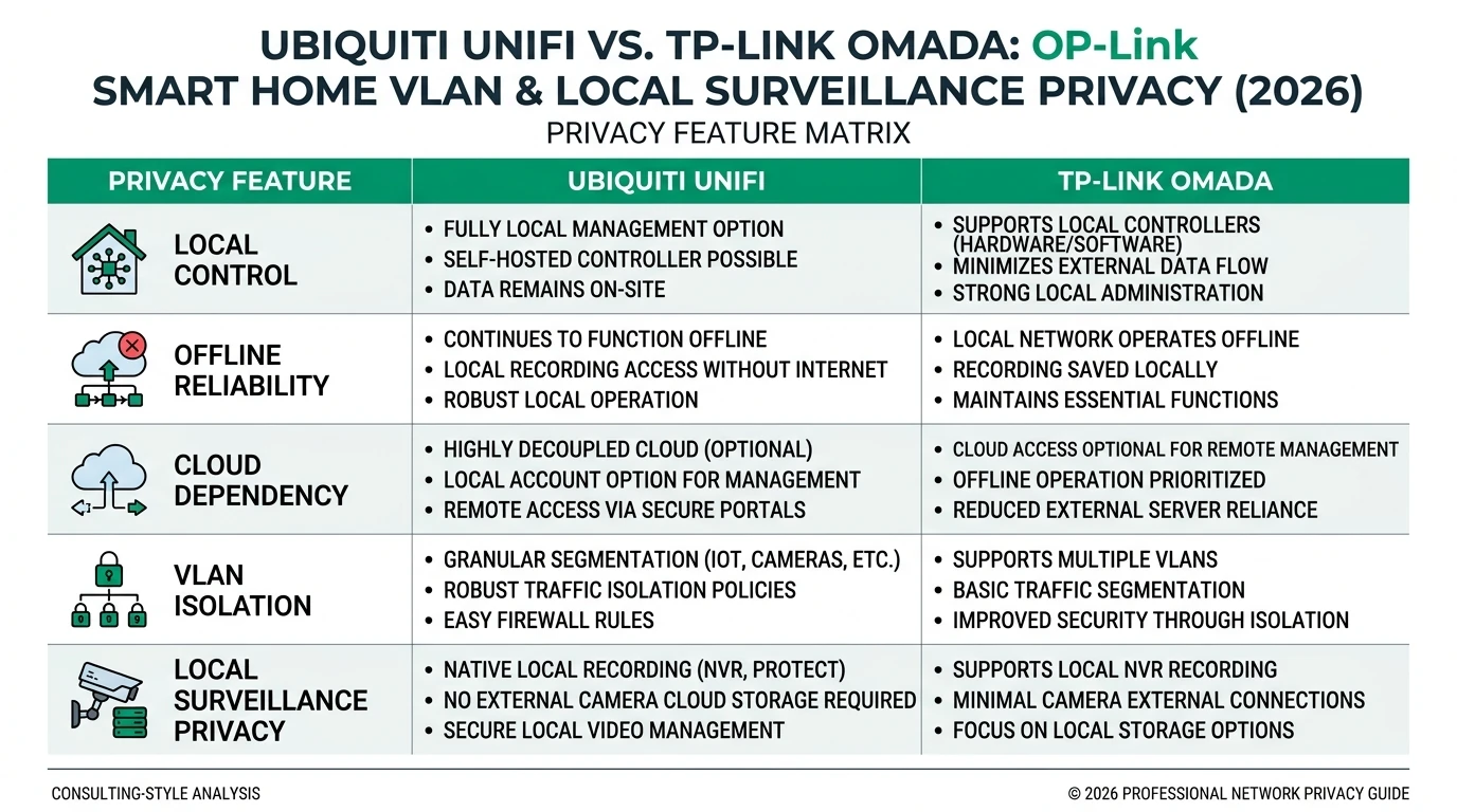 Comparison of Ubiquiti UniFi and TP-Link Omada for smart home privacy, focusing on VLAN and local surveillance.