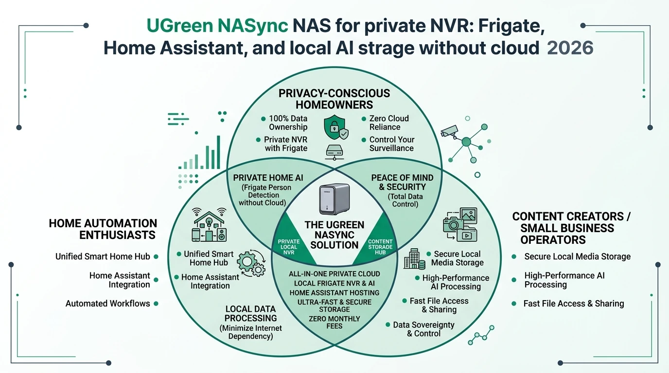 Consulting-style infographic summarizing UGreen NASync as a private NVR host with Docker, Frigate object detection, and Home Assistant automations without mandatory cloud storage.