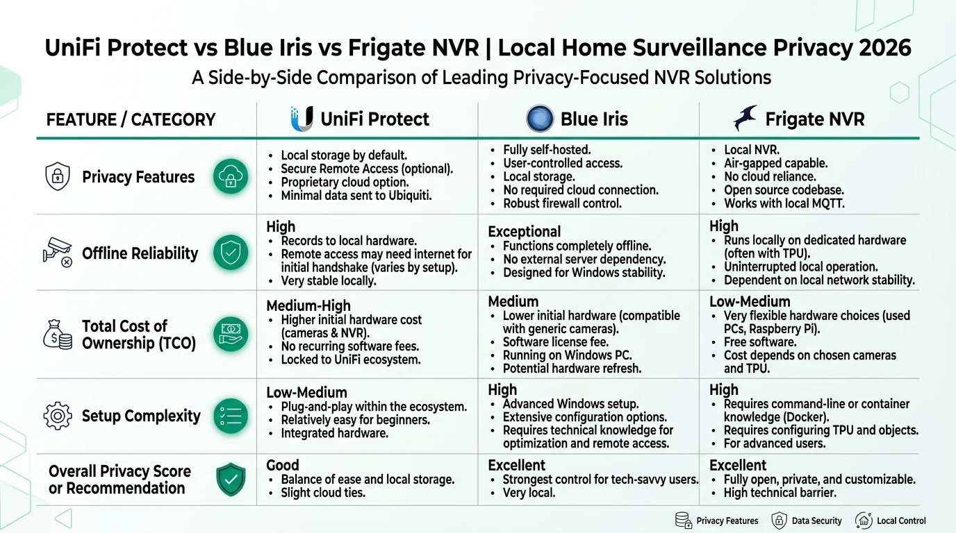A comparative infographic showing privacy, cost, and offline reliability of UniFi Protect, Blue Iris, and Frigate NVR systems for 2026.