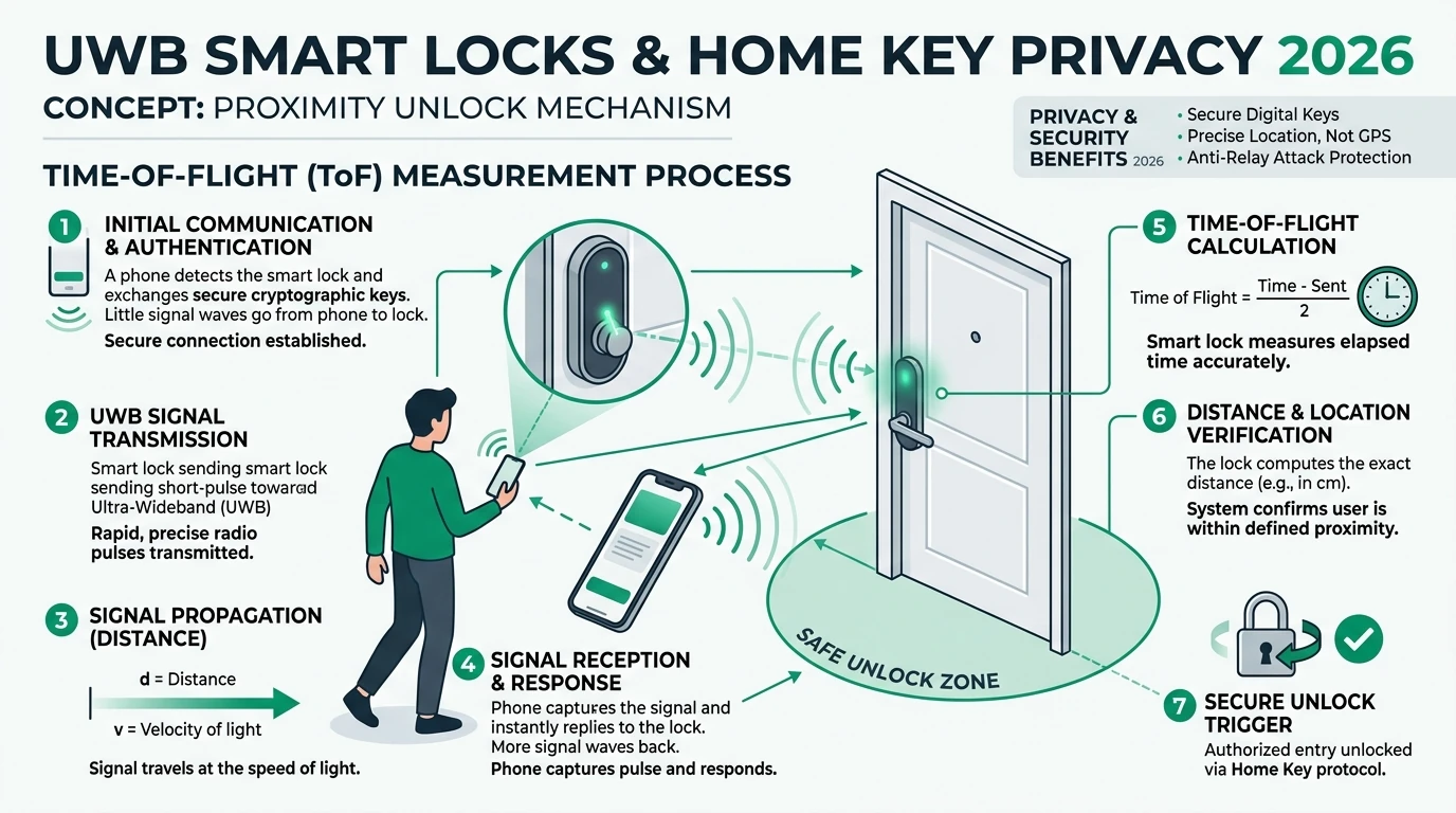 Editorial infographic comparing Ultra Wideband UWB proximity unlocking for smart locks versus traditional Bluetooth and Wi-Fi paths showing Apple Home Key credential storage and local Matter Thread boundaries in 2026.