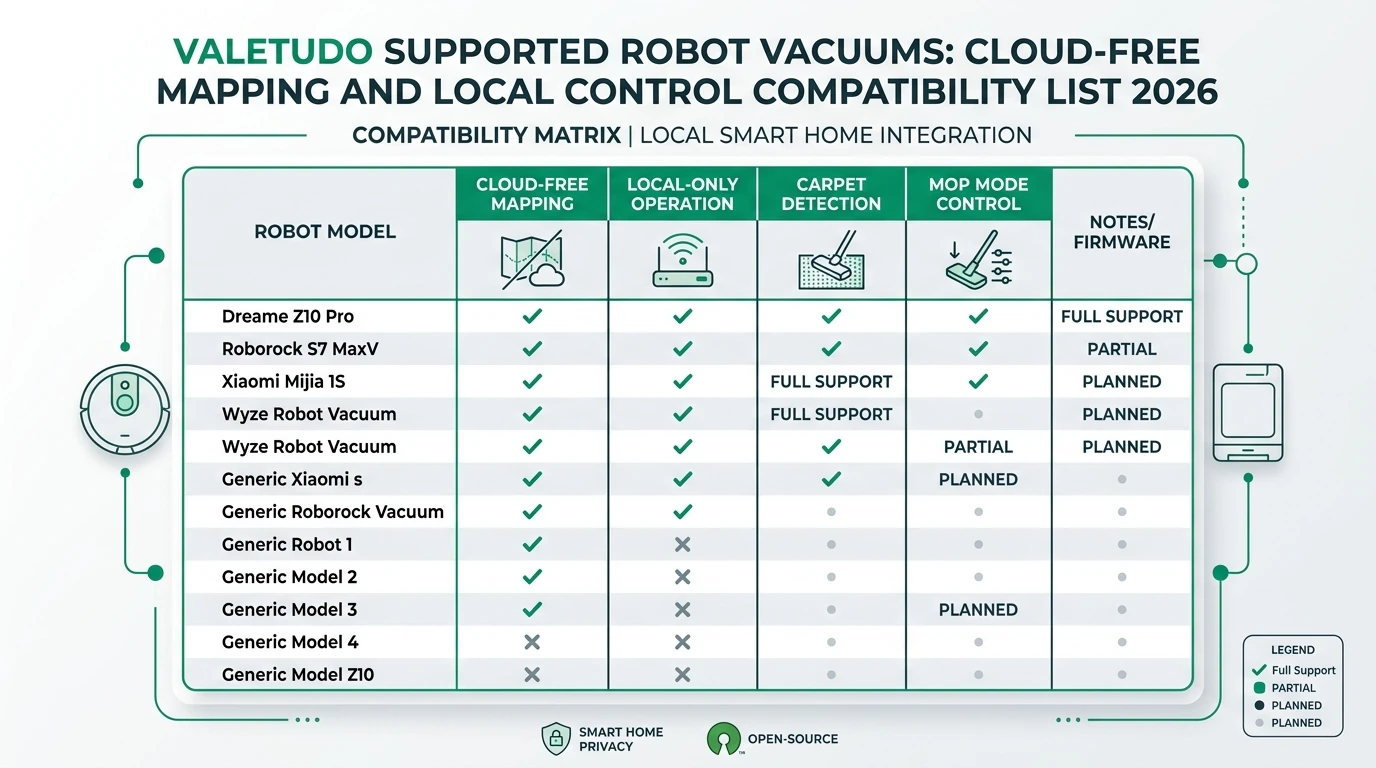 Privacy Smart Home July 2026 Valetudo compatibility matrix for rooting Dreame and Ecovacs robot vacuums: Dreame UART breakout PCB with Hypfer adapter and secure-boot firmware gates on official Valetudo support, Ecovacs 2x8 2mm debug port with ValetudoEV community fork and per-device ecopassword root login, plus MQTT IoT VLAN hardening for cloud-free LiDAR map storage.