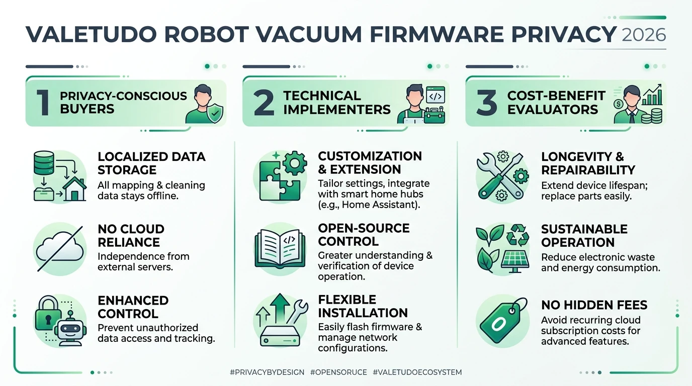 Infographic comparing Valetudo firmware privacy features against cloud-dependent robot vacuums, highlighting local control and data security.