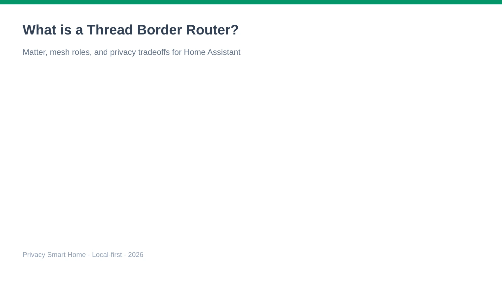 Hero graphic titled What is a Thread Border Router with subtitle on Matter, mesh roles, and privacy tradeoffs for Home Assistant and local smart homes in 2026.