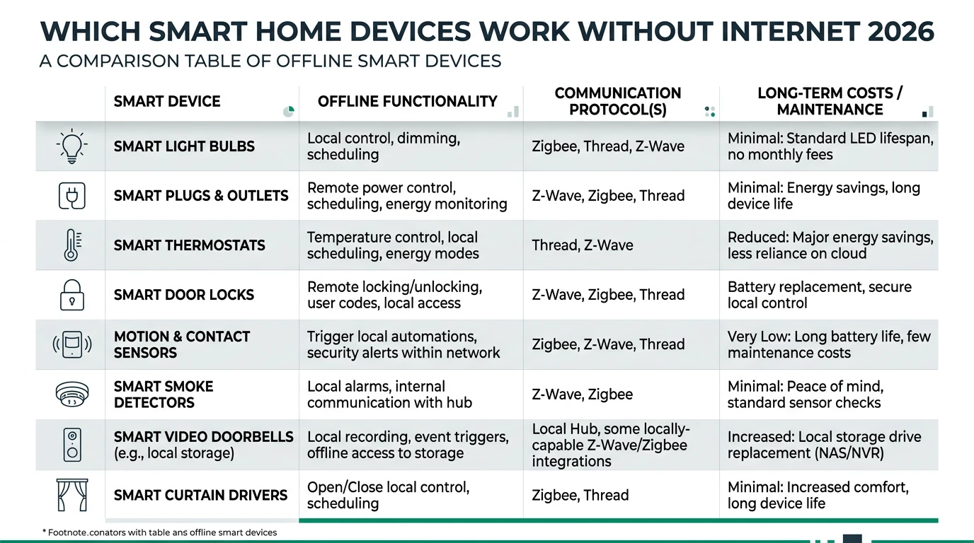A comparison of smart home devices that function without internet, highlighting local control and privacy features.