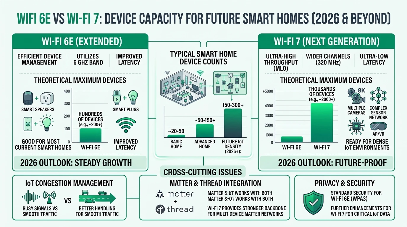 Infographic comparing Wi-Fi 6E and Wi-Fi 7 for smart home IoT, highlighting speed, device capacity, and privacy features.