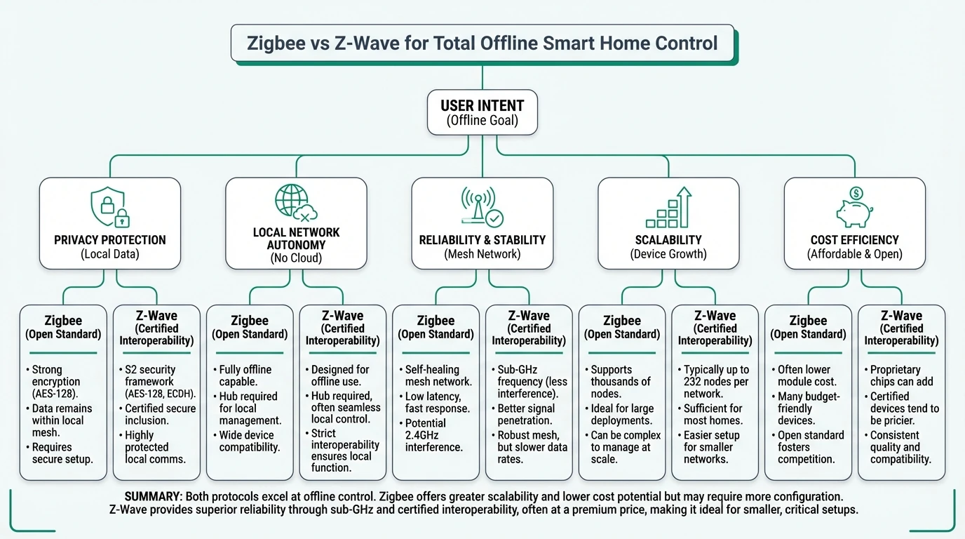 Infographic comparing Zigbee and Z-Wave protocols for offline smart home control: frequency bands, mesh range, node limits, interference resistance, and local-only privacy guarantees for households avoiding cloud dependency.