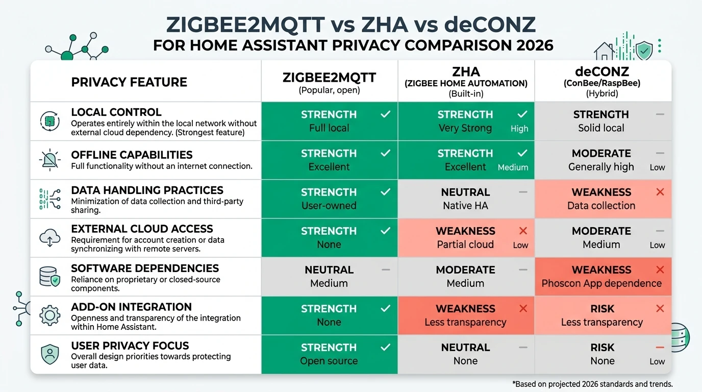 Side-by-side Zigbee stack infographic for Home Assistant in 2026 comparing Zigbee2MQTT, ZHA, and deCONZ on privacy, MQTT dependency, Phoscon REST, and coordinator hardware.