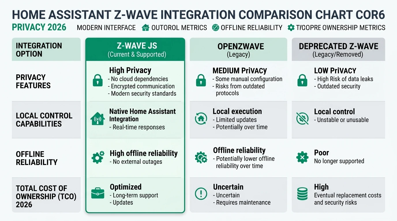 A detailed infographic comparing Z-Wave JS and OpenZWave integrations for Home Assistant, focusing on privacy, local control, and cost.